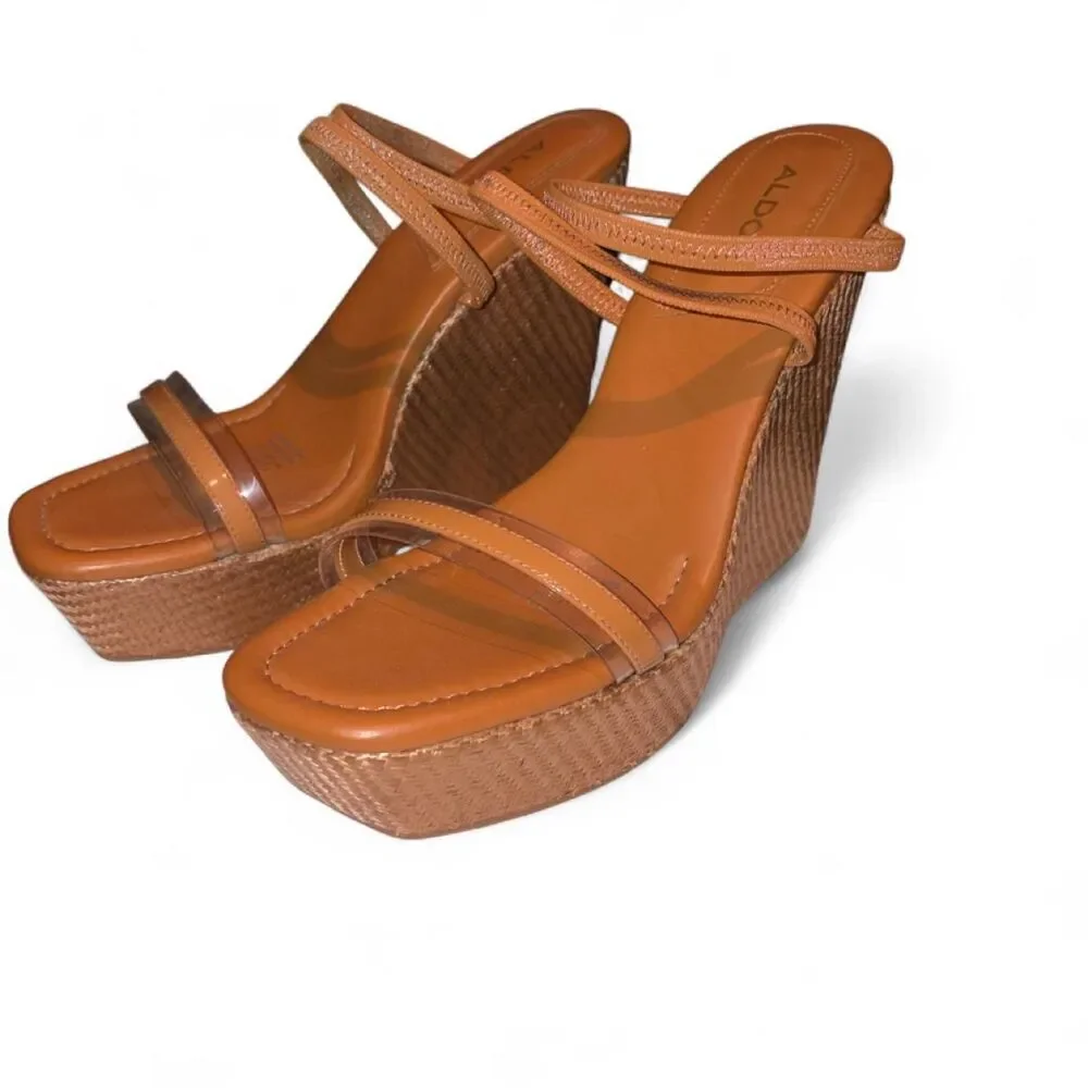 Aldo Brand New Brown Tan Platform Wedge Sandals Strappy Mules 9.5